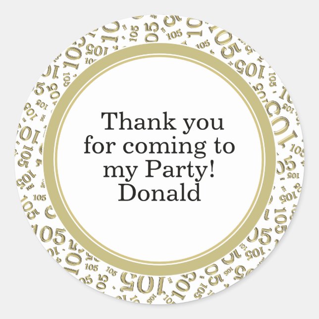  Your Text 105th Random Number Pattern Gold/White Classic Round Sticker (Front)