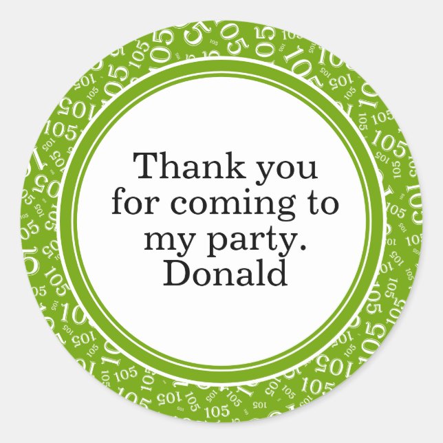 Your Text 105th Random Number Pattern Green/White Classic Round Sticker (Front)