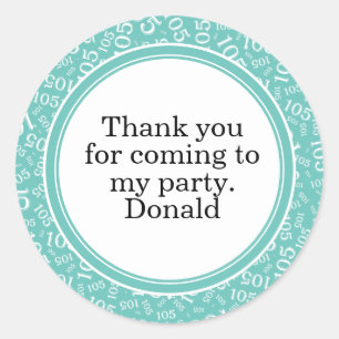 Your Text 105th Random Number Pattern Teal/White Classic Round Sticker