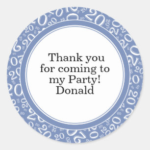 Your Text 20th Random Number Pattern Blue/White Classic Round Sticker