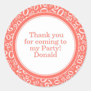 Your Text 20th Random Number Pattern Coral/White Classic Round Sticker