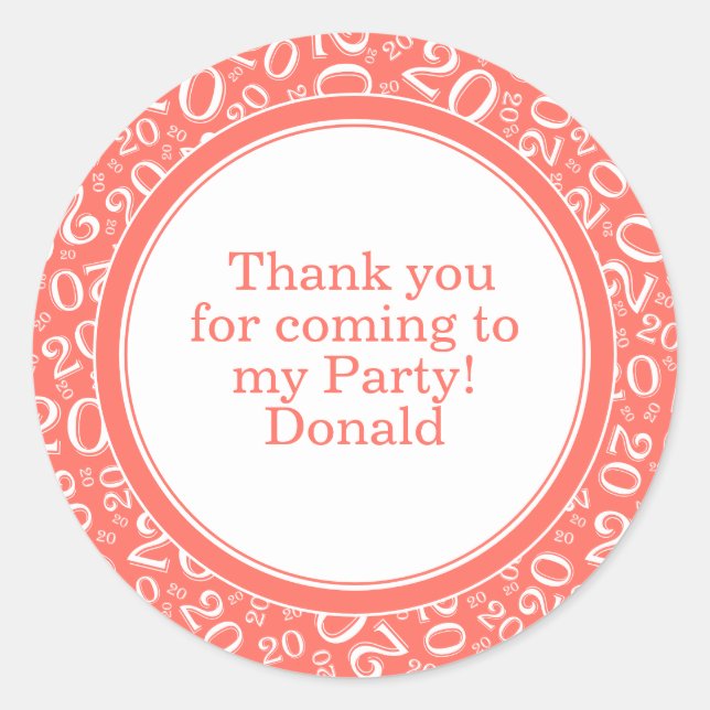  Your Text 20th Random Number Pattern Coral/White Classic Round Sticker (Front)