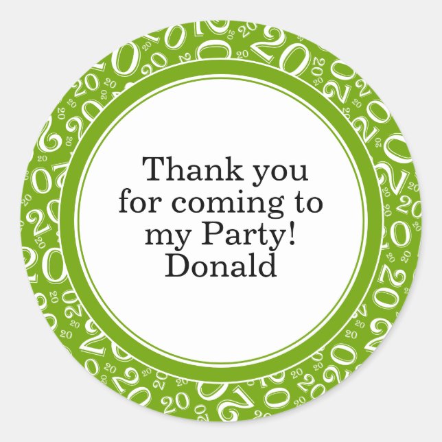  Your Text 20th Random Number Pattern Green/White Classic Round Sticker (Front)