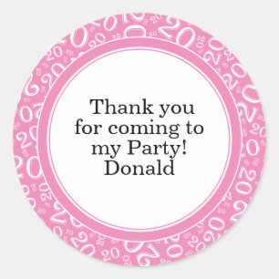 Your Text 20th Random Number Pattern Pink/White Classic Round Sticker