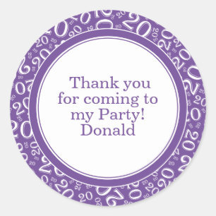 Your Text 20th Random Number Pattern Purple/White Classic Round Sticker