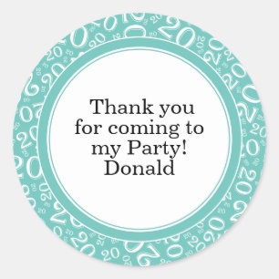 Your Text 20th Random Number Pattern Teal/White Classic Round Sticker