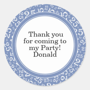  Your Text 25th Random Number Pattern Blue/White Classic Round Sticker