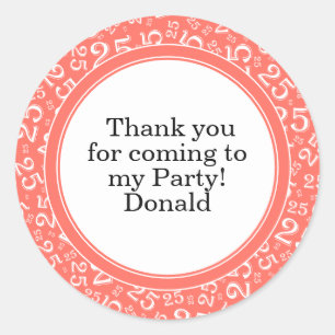 Your Text 25th Random Number Pattern Coral/White Classic Round Sticker
