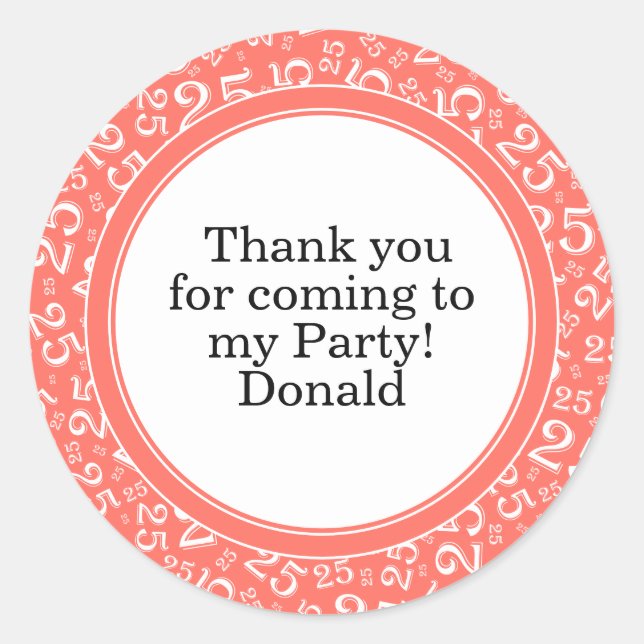  Your Text 25th Random Number Pattern Coral/White Classic Round Sticker (Front)