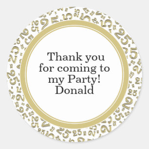 Your Text 25th Random Number Pattern Gold/White Classic Round Sticker
