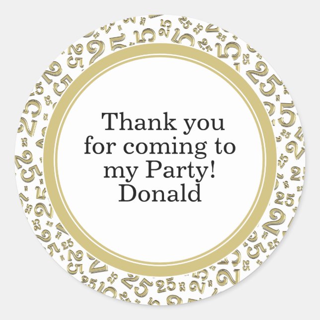  Your Text 25th Random Number Pattern Gold/White Classic Round Sticker (Front)