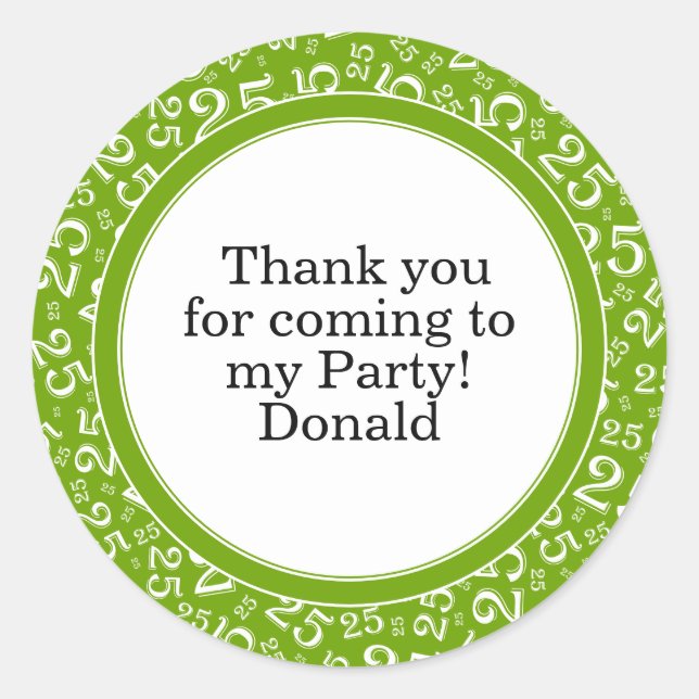  Your Text 25th Random Number Pattern Green/White Classic Round Sticker (Front)