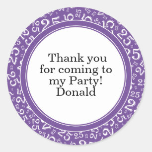 Your Text 25th Random Number Pattern Purple/White Classic Round Sticker