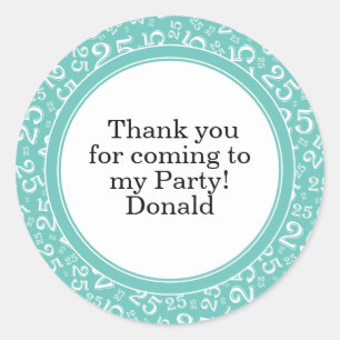 Your Text 25th Random Number Pattern Teal/White Classic Round Sticker