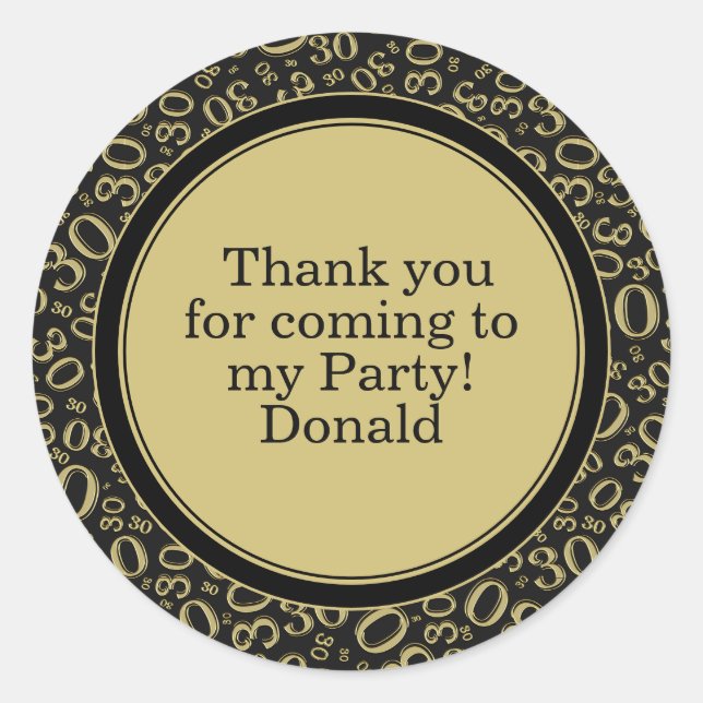  Your Text 30th Random Number Pattern Black/Gold Classic Round Sticker (Front)
