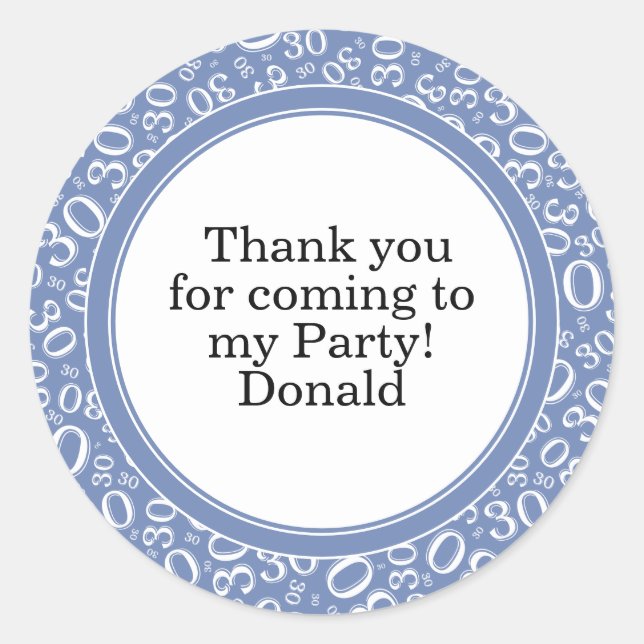  Your Text 30th Random Number Pattern Blue/White Classic Round Sticker (Front)