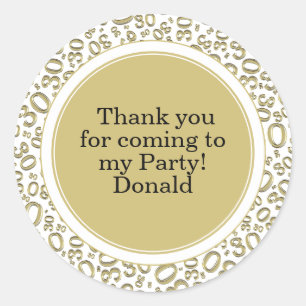 Your Text 30th Random Number Pattern Gold/White Classic Round Sticker