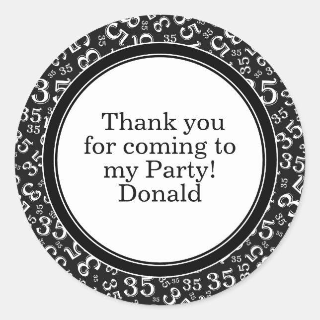  Your Text 35th Random Number Pattern Black/White Classic Round Sticker (Front)