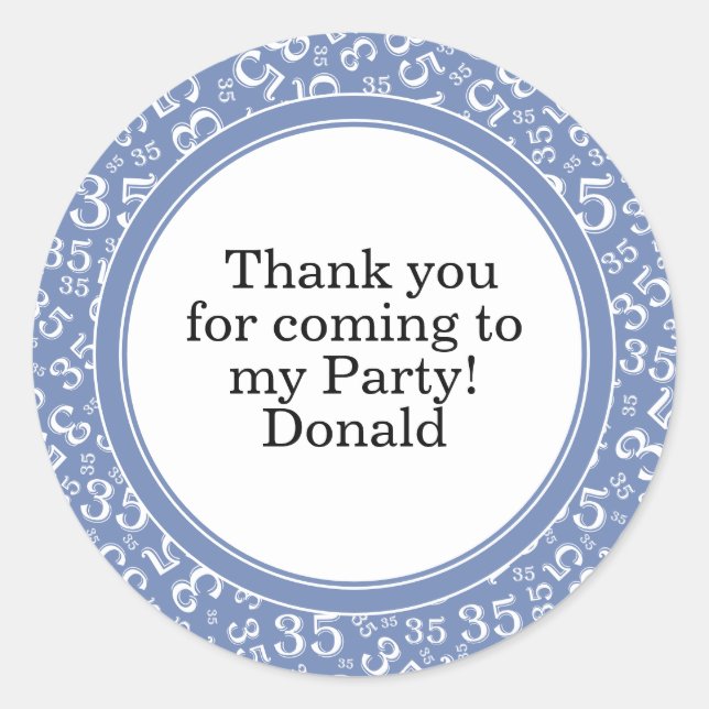  Your Text 35th Random Number Pattern Blue/White Classic Round Sticker (Front)