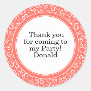 Your Text 35th Random Number Pattern Coral/White Classic Round Sticker