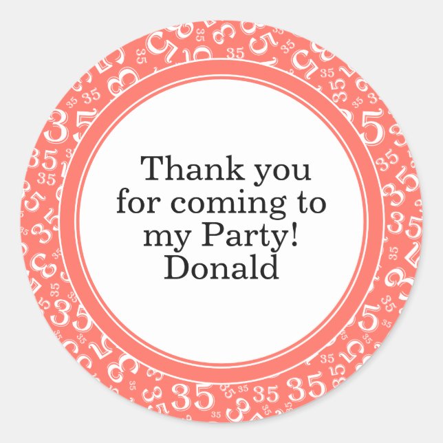  Your Text 35th Random Number Pattern Coral/White Classic Round Sticker (Front)