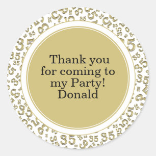Your Text 35th Random Number Pattern Gold/White Classic Round Sticker