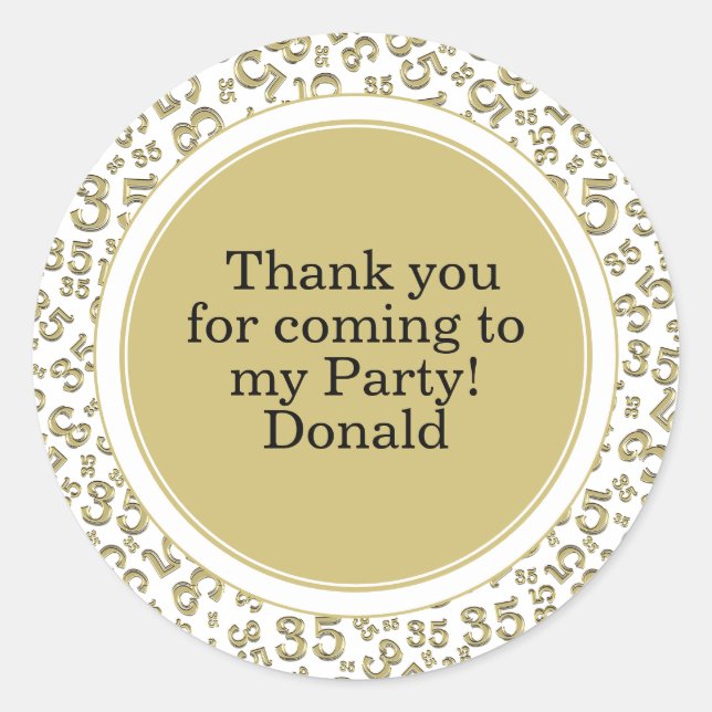  Your Text 35th Random Number Pattern Gold/White Classic Round Sticker (Front)