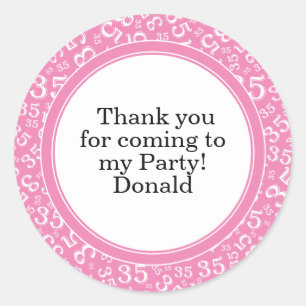 Your Text 35th Random Number Pattern Pink/White Classic Round Sticker
