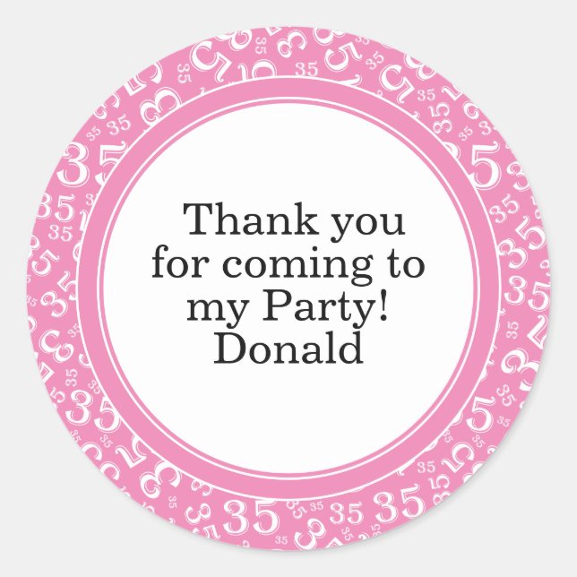  Your Text 35th Random Number Pattern Pink/White Classic Round Sticker (Front)