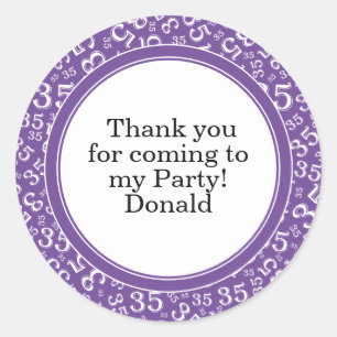 Your Text 35th Random Number Pattern Purple/White Classic Round Sticker