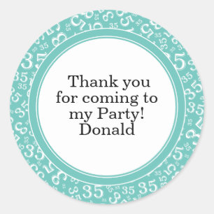 Your Text 35th Random Number Pattern Teal/White Classic Round Sticker