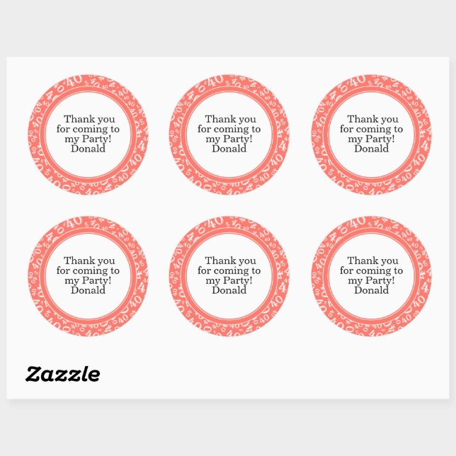  Your Text 40th Random Number Pattern Coral/White Classic Round Sticker (Sheet)
