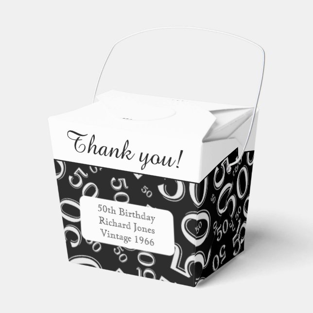 Your Text 50th Birthday Number Pattern Black/White Favour Box (Front Side)