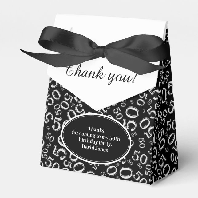 Your Text 50th Birthday Number Pattern Black/White Favour Box (Front Side)