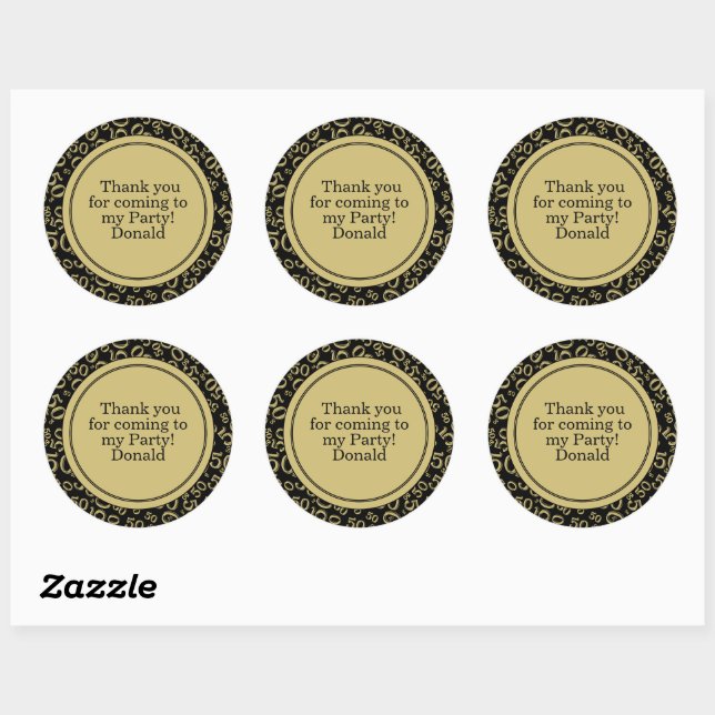  Your Text 50th Random Number Pattern Black/Gold Classic Round Sticker (Sheet)
