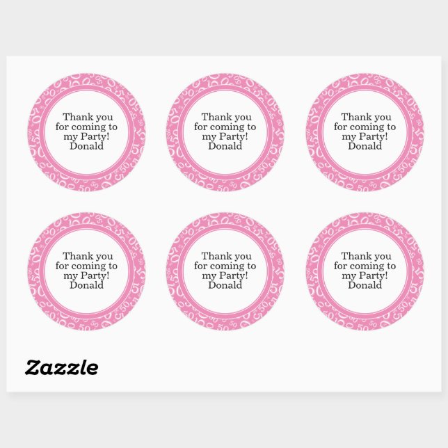  Your Text 50th Random Number Pattern Pink/White Classic Round Sticker (Sheet)