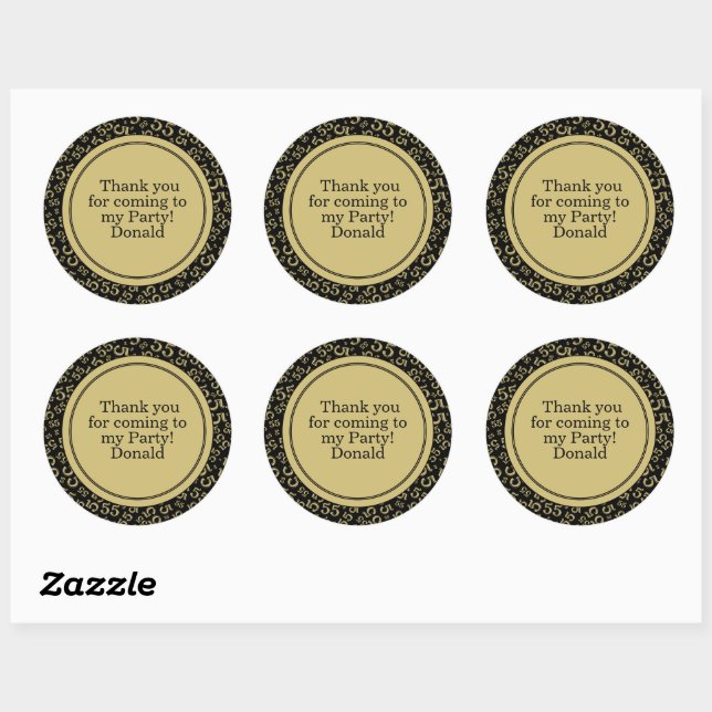  Your Text 55th Random Number Pattern Black/Gold Classic Round Sticker (Sheet)