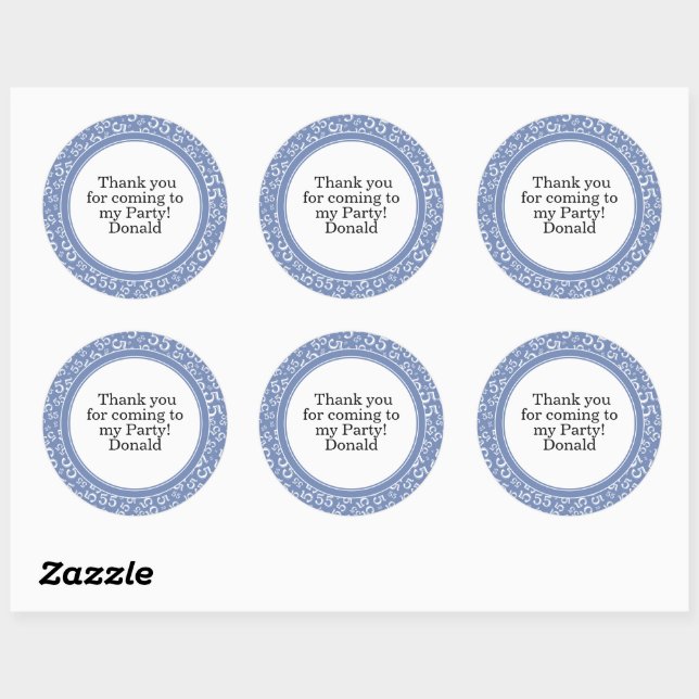  Your Text 55th Random Number Pattern Blue/White Classic Round Sticker (Sheet)