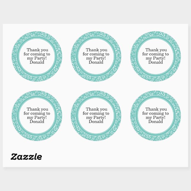  Your Text 55th Random Number Pattern Teal/White Classic Round Sticker (Sheet)