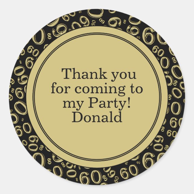  Your Text 60th Random Number Pattern Black/Gold Classic Round Sticker (Front)