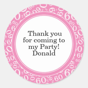 Your Text 60th Random Number Pattern Pink/White Classic Round Sticker