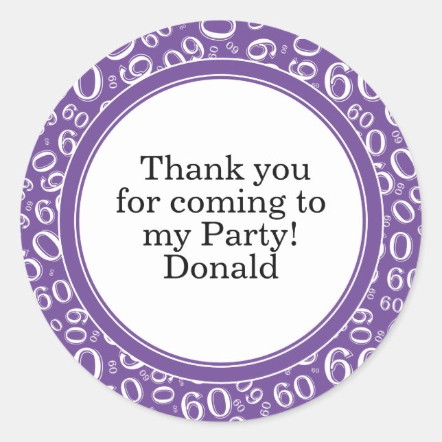  Your Text 60th Random Number Pattern Purple/White Classic Round Sticker (Front)