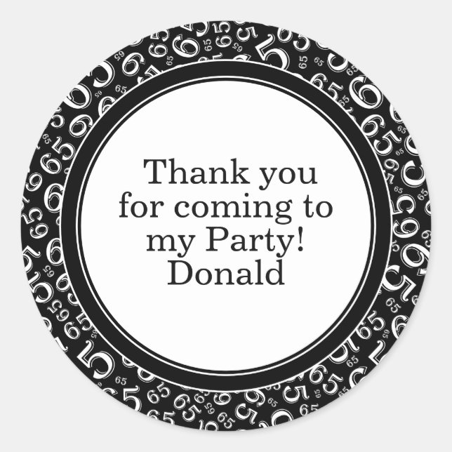  Your Text 65th Random Number Pattern Black/White Classic Round Sticker (Front)