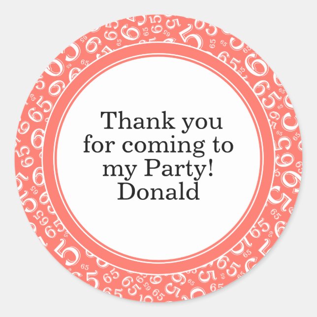  Your Text 65th Random Number Pattern Coral/White Classic Round Sticker (Front)
