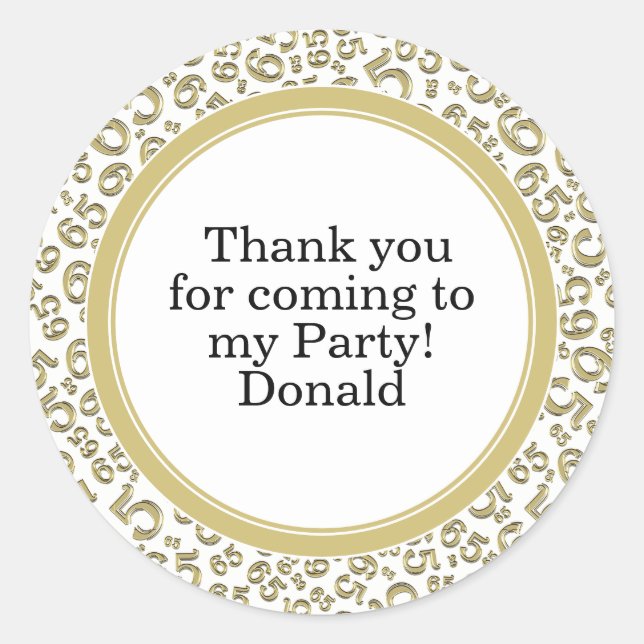  Your Text 65th Random Number Pattern Gold/White Classic Round Sticker (Front)