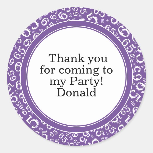  Your Text 65th Random Number Pattern Purple/White Classic Round Sticker (Front)