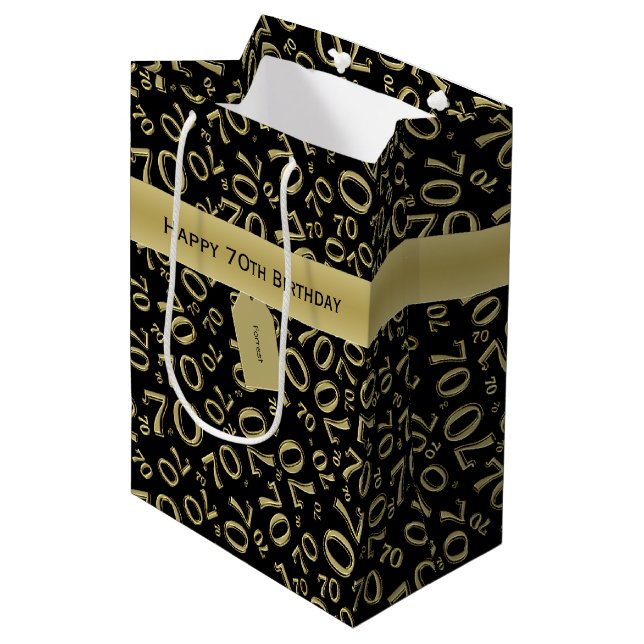 Your text: 70th Birthday Black/Gold Number 70 Medium Gift Bag (Front Angled)
