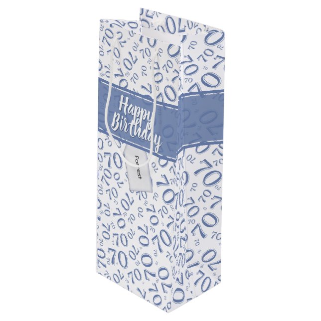 Your text: 70th Birthday Blue Number 70 Pattern Wine Gift Bag (Front Angled)