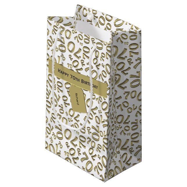 Your text: 70th Birthday Gold Number 70 Pattern Small Gift Bag (Front Angled)