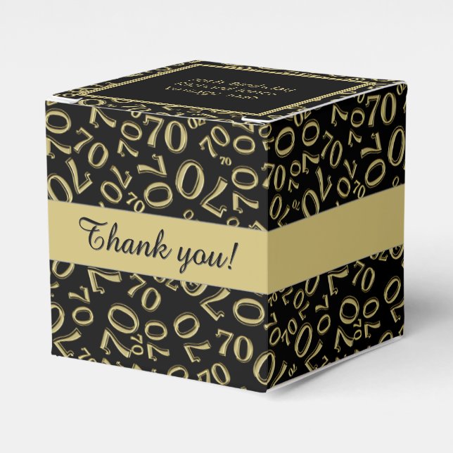 Your Text 70th Birthday Number Pattern Black/Gold Favour Box (Front Side)